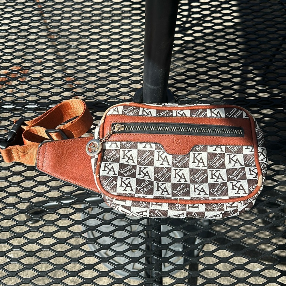 Kamel Reina  brown & cream checked signature belt bag/cross body purse. Used.